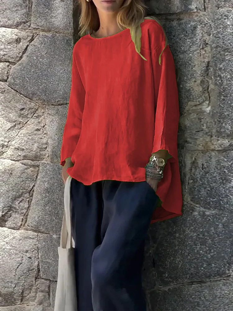 Women Solid Color Cotton And Linen Long Sleeve Shirt