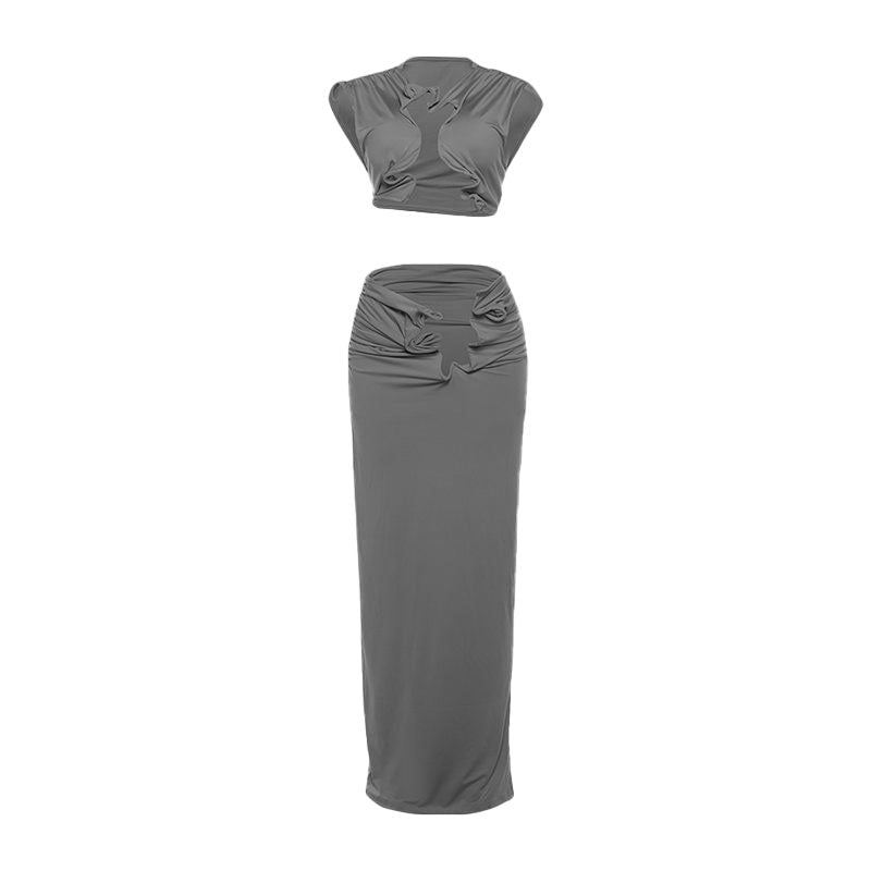 acelimosf™-Sleeveless hollow out ruched slit solid maxi skirt set