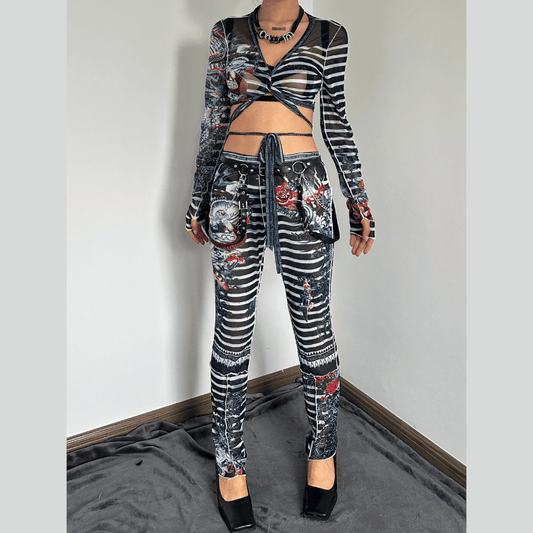 acelimosf™-Long sleeve striped dragon print sheer mesh pant set