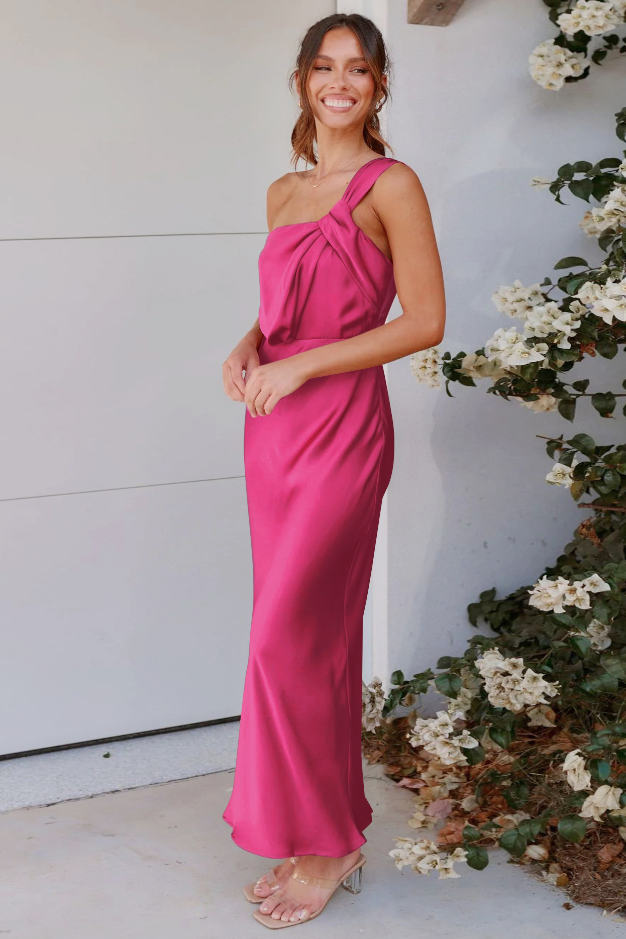 acelimosf™-Elegant one-shoulder satin bridesmaid dress with slim fit