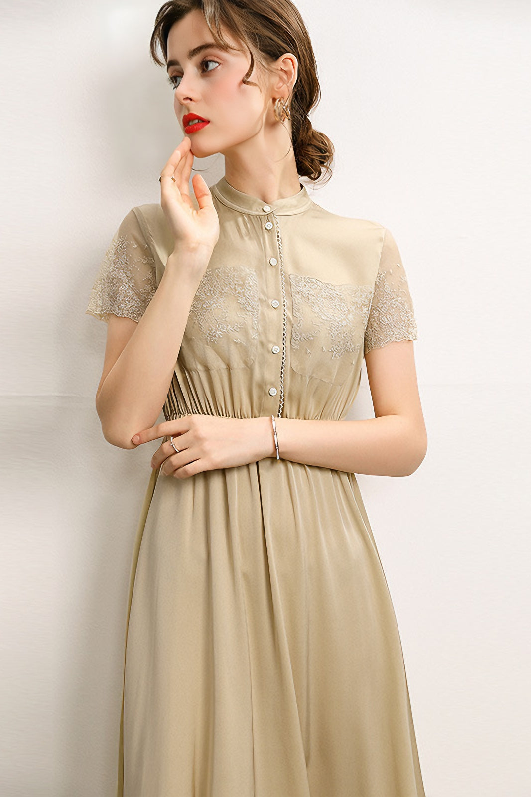 acelimosf™-Waist-stitched lace stand-collar short-sleeved mid-length dress