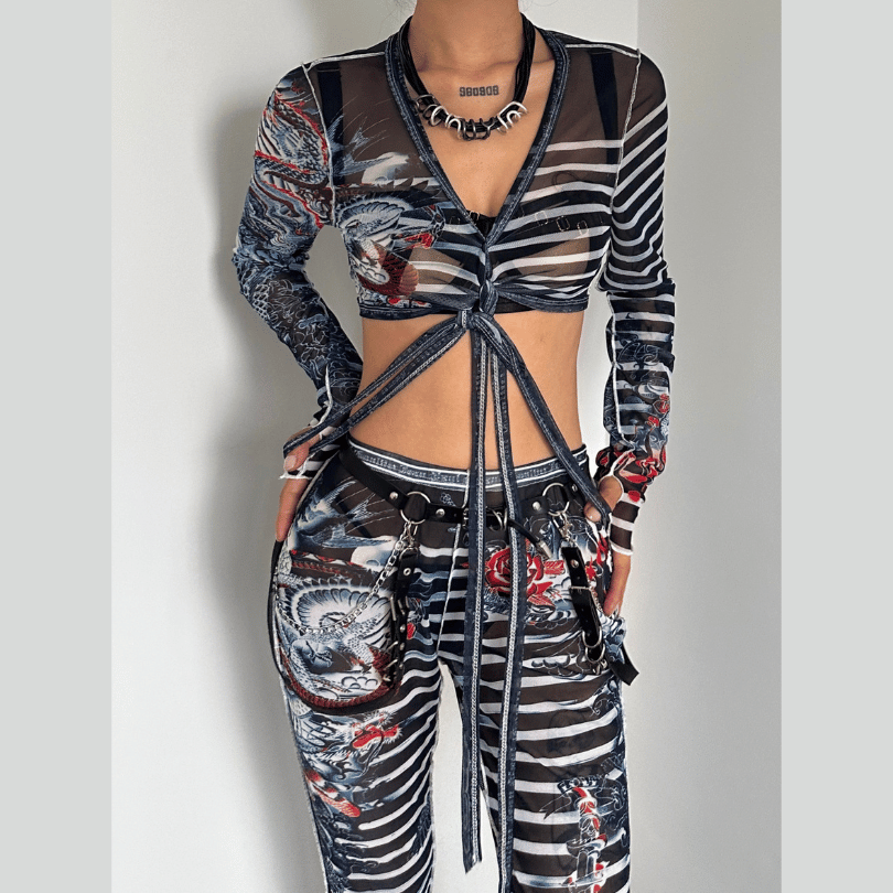 acelimosf™-Long sleeve striped dragon print sheer mesh pant set