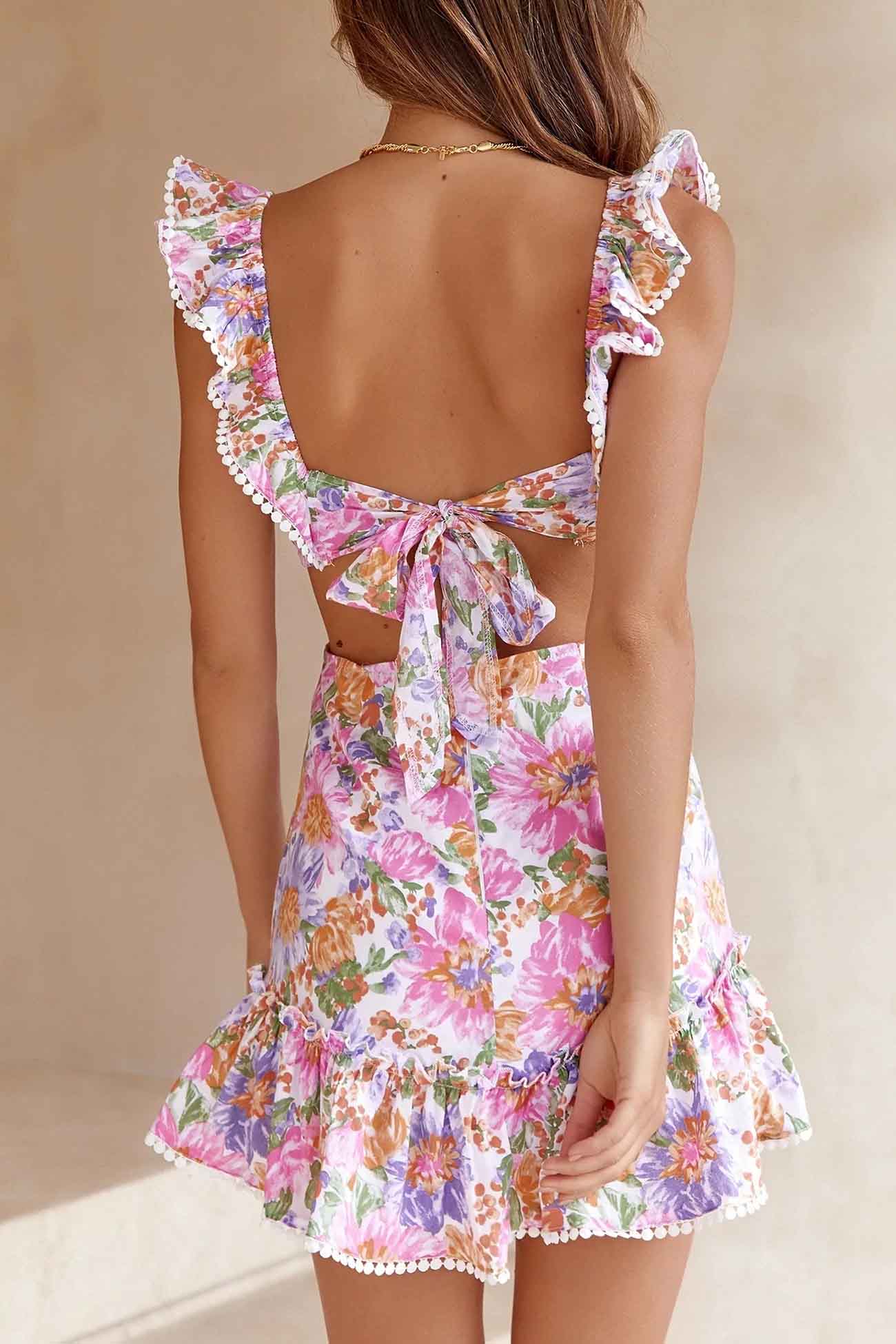 acelimosf™-Floral Ruffle Back Tie Mini Dress