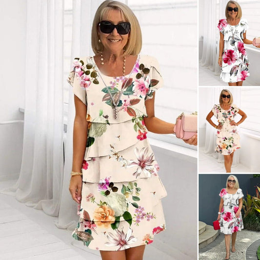 Multi-Plant Floral Print Cascade Dress