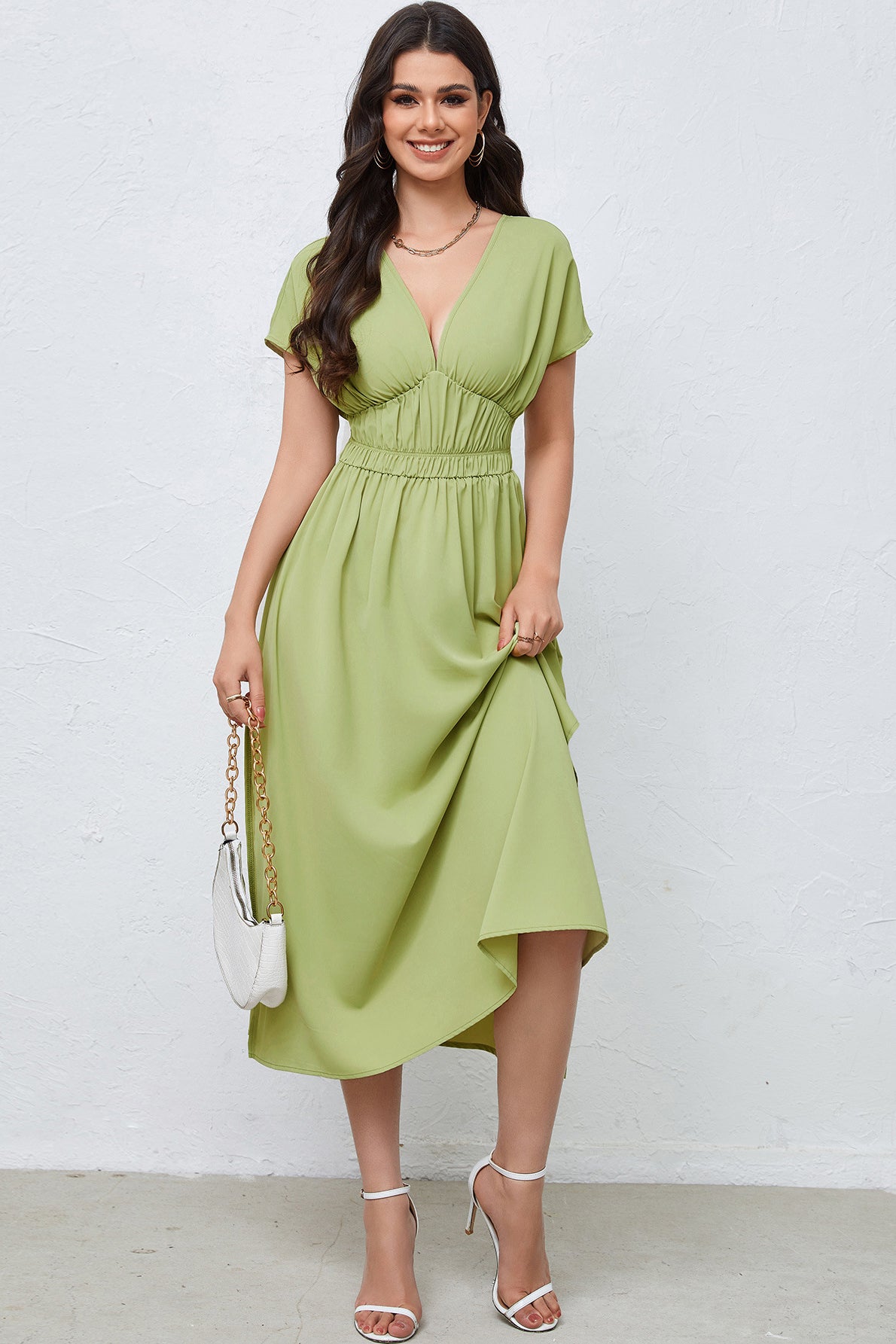 acelimosf™-V-neck dress backless high waist solid color dress