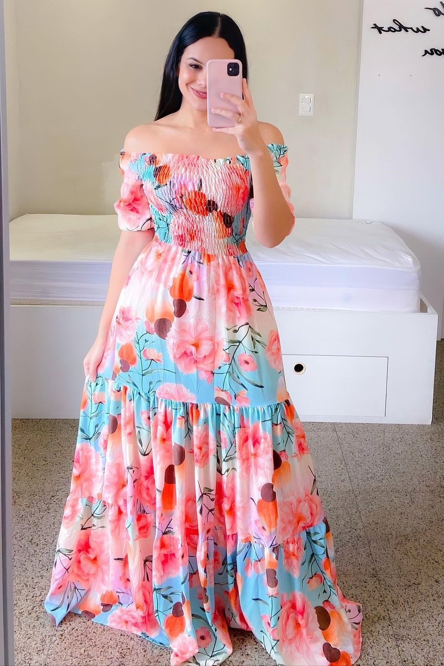 acelimosf™-One-shoulder floral off-shoulder long printed dress