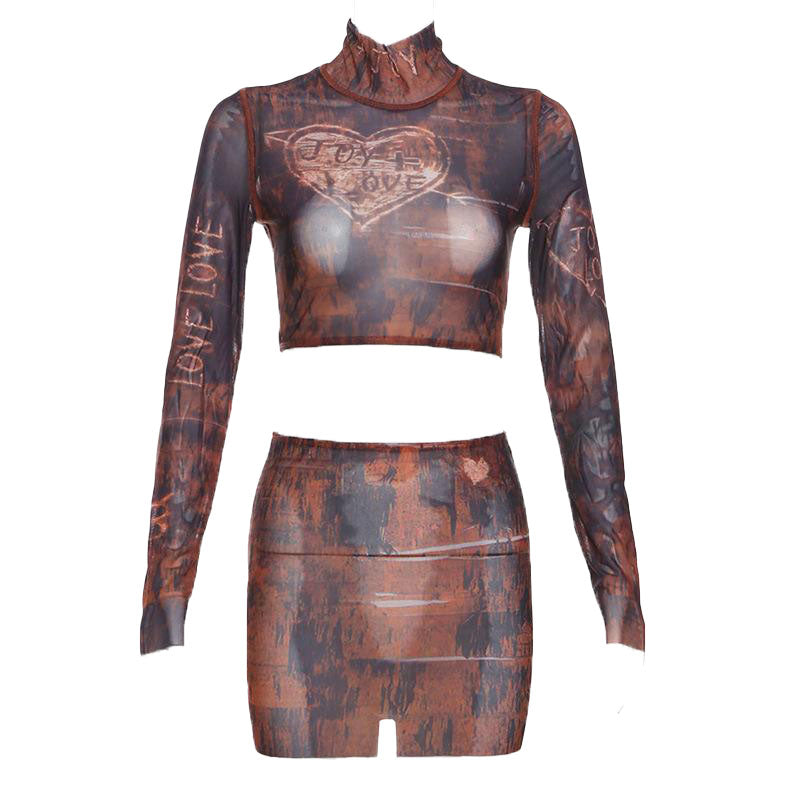 acelimosf™-Long sleeve high neck print sheer mesh crop mini skirt set