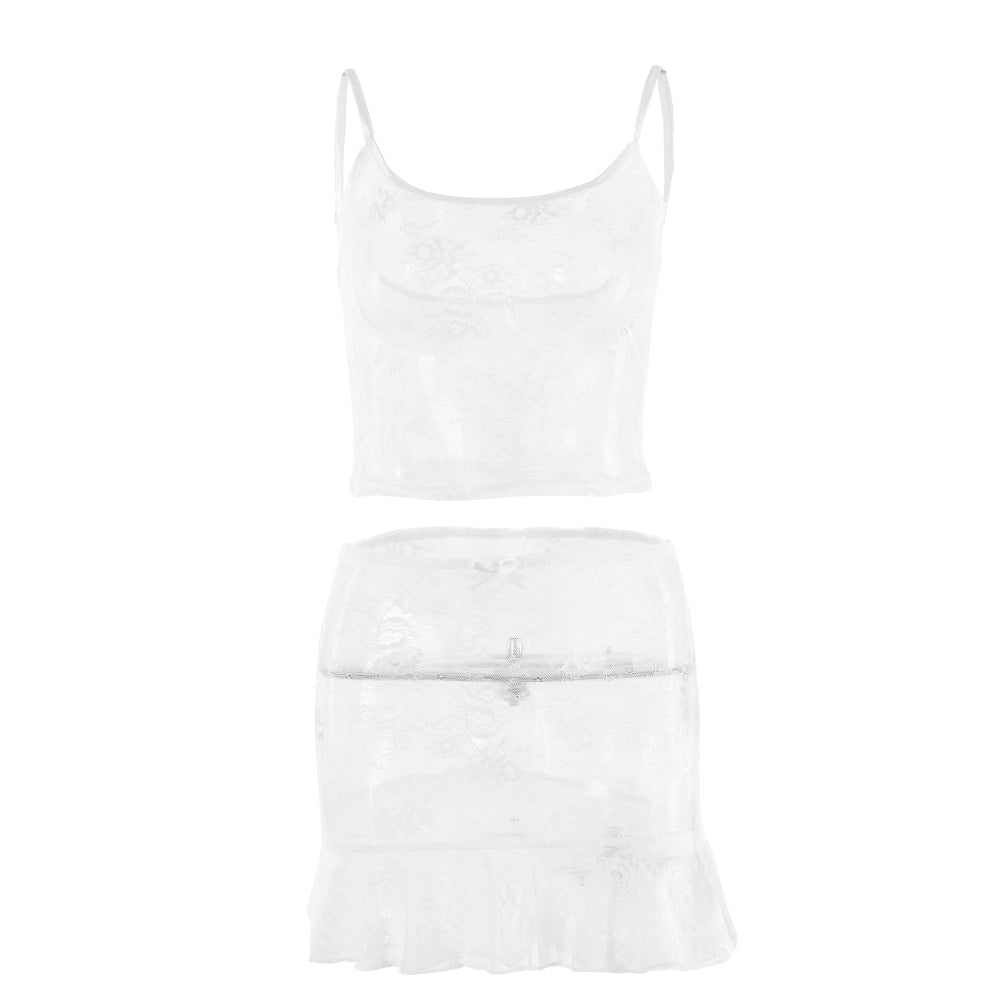 acelimosf™-U neck lace solid see through bowknot cami mini skirt set