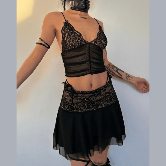 acelimosf™-Lace v neck ruched mesh patchwork cami mini skirt set