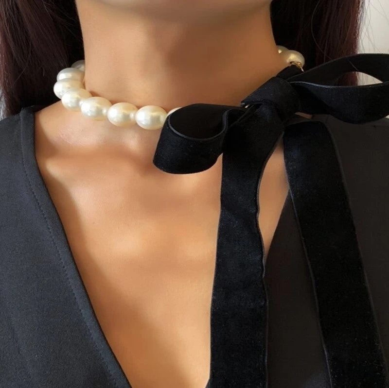 Pearl Butterfly Bow Ribbon Necklace