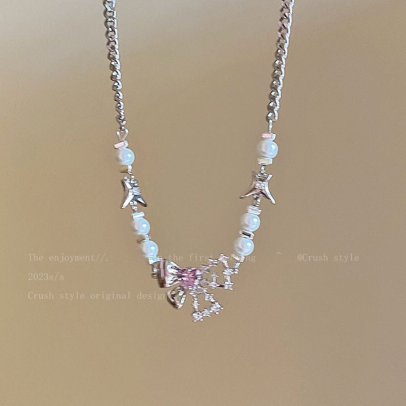 Cool bow zircon pearl necklace