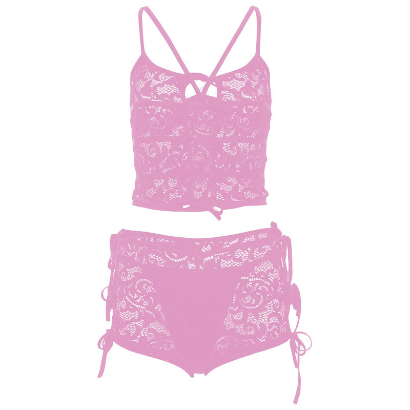 acelimosf™-Bowknot lace hollow out see through cami pant set