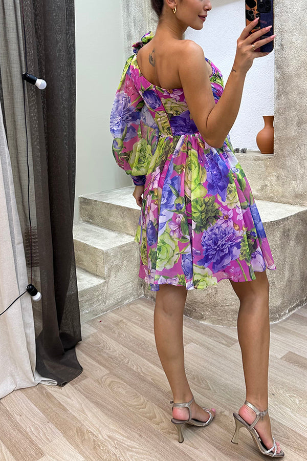 acelimosf™-Vivid Visions Floral Print Pleated One Shoulder Sleeve Swing Mini Dress