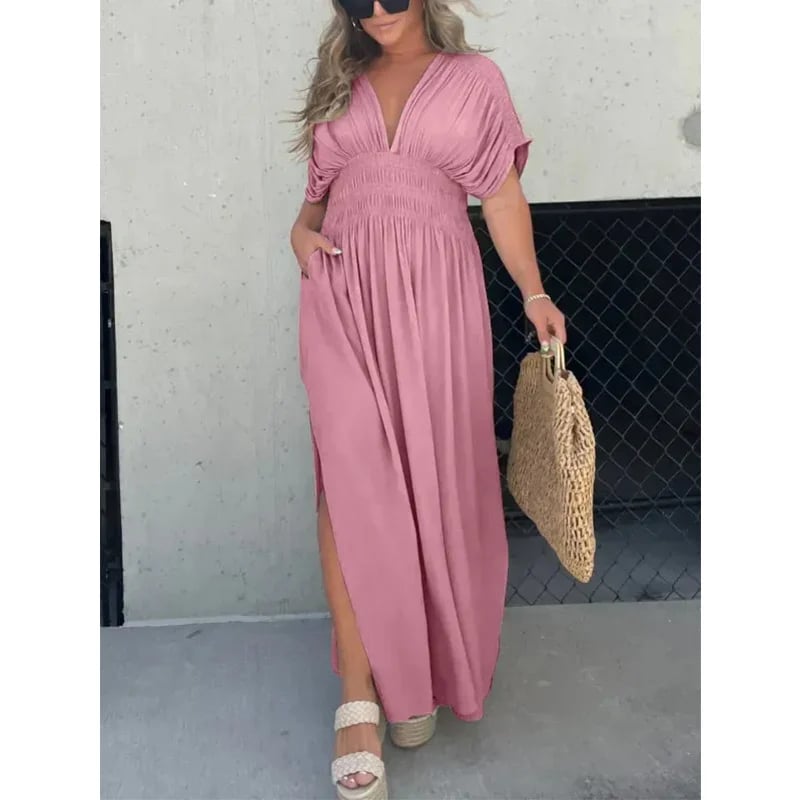 acelimosf™-  SLIT V-NECK EFFORTLESS MAXI LONG DRESS