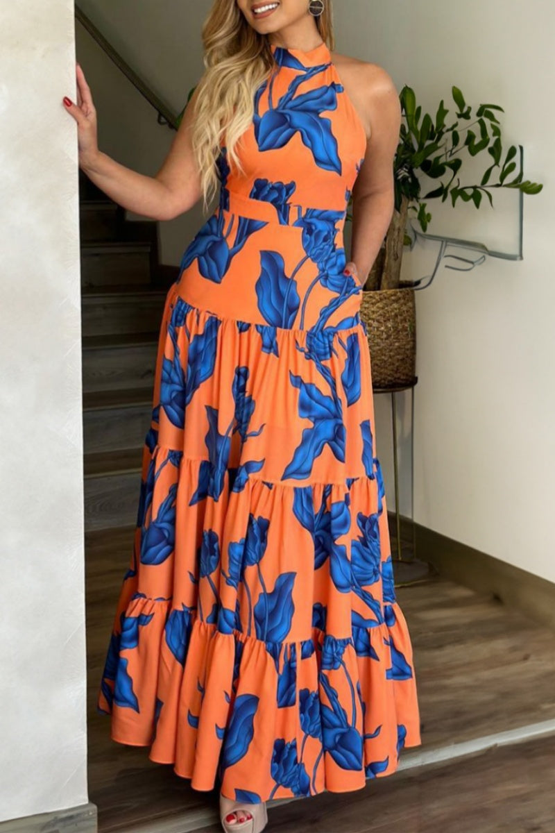 acelimosf™-Casual Print Backless Halter Long Dress Dresses