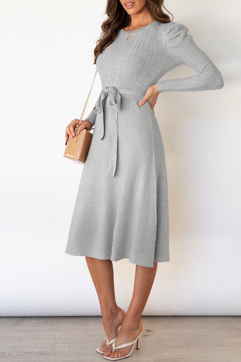 acelimosf™-Elegant Solid With Belt O Neck Sweater Dresses