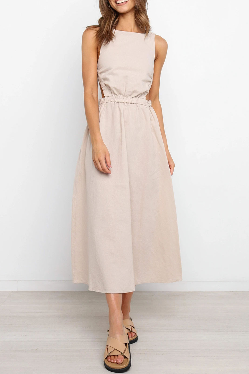 acelimosf™-Casual Solid Backless O Neck Waist Skirt Dresses