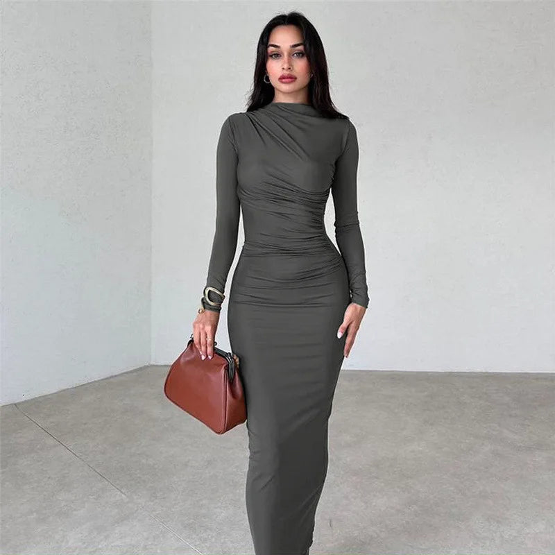 acelimosf™-Fashionable round neck long sleeve slim fit hip-hugging solid color elegant dress