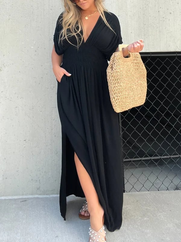 acelimosf™-  SLIT V-NECK EFFORTLESS MAXI LONG DRESS