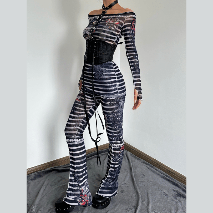 acelimosf™-Long sleeve off shoulder sheer mesh print pant set