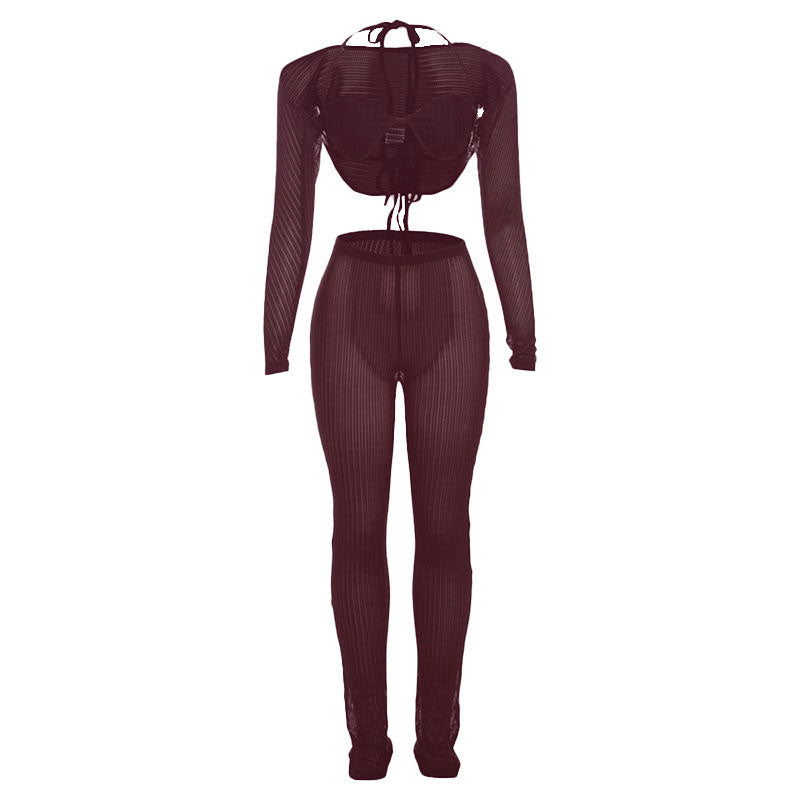 acelimosf™-Halter shrug textured see through pant set