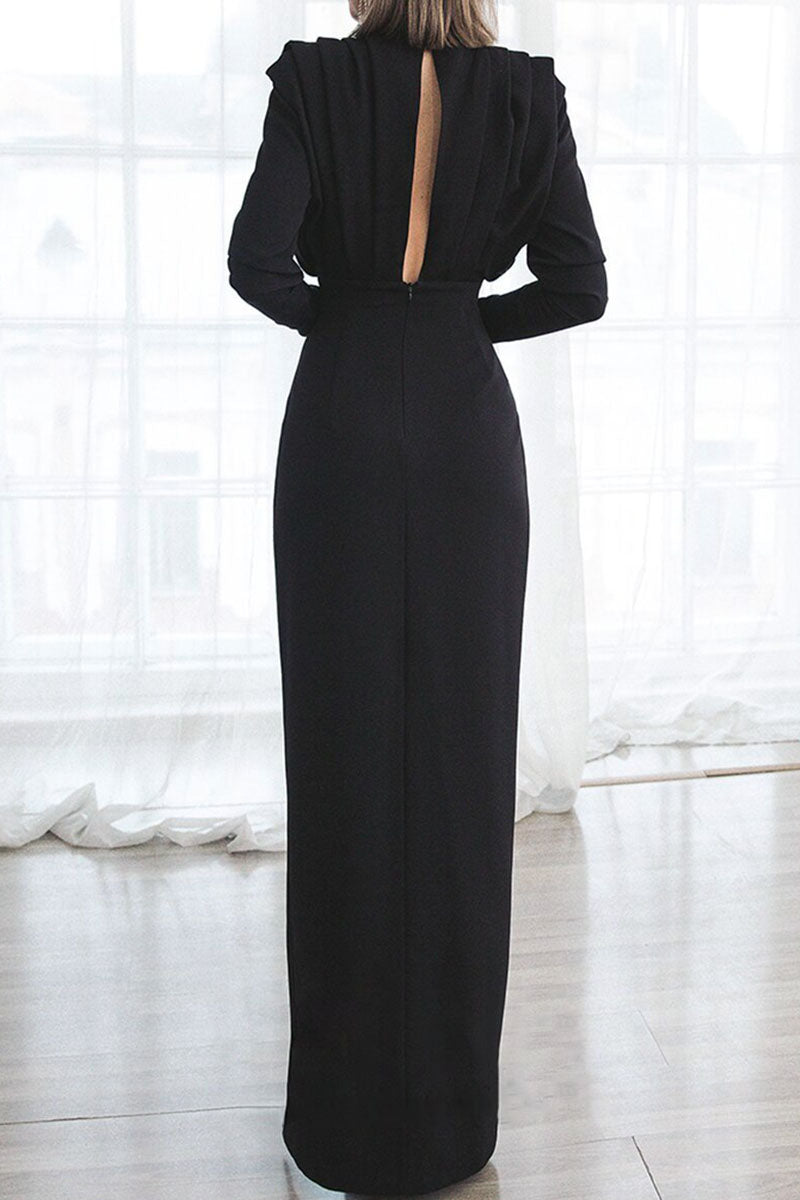 acelimosf™-Elegant Solid Patchwork Backless Slit Fold O Neck Straight Dresses