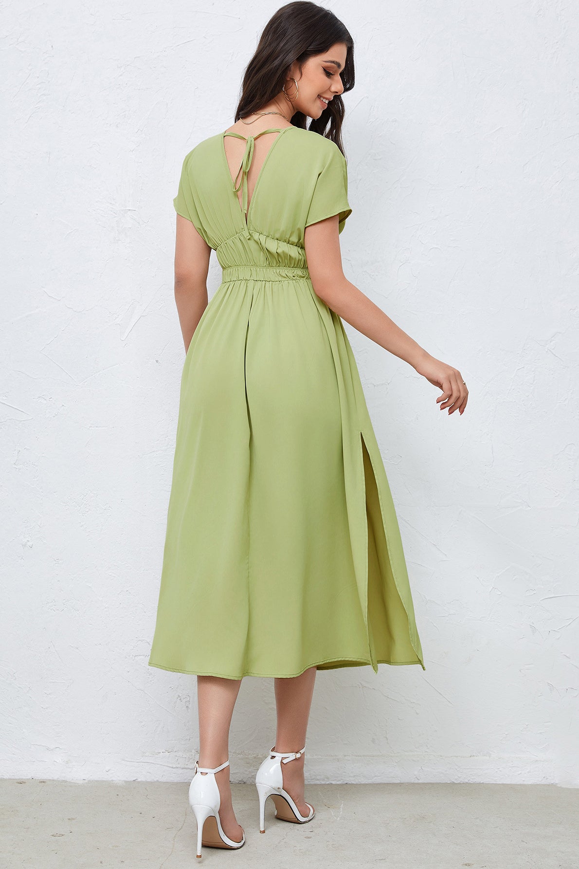 acelimosf™-V-neck dress backless high waist solid color dress