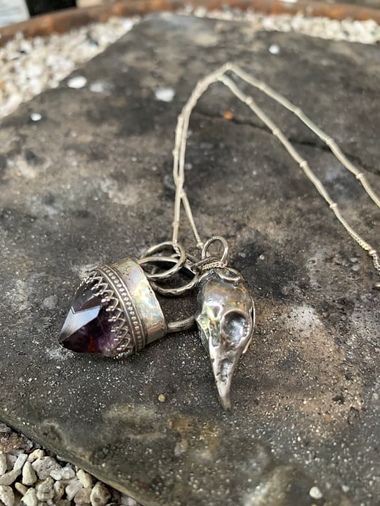 Amethyst And Crow Skull Locket Talisman