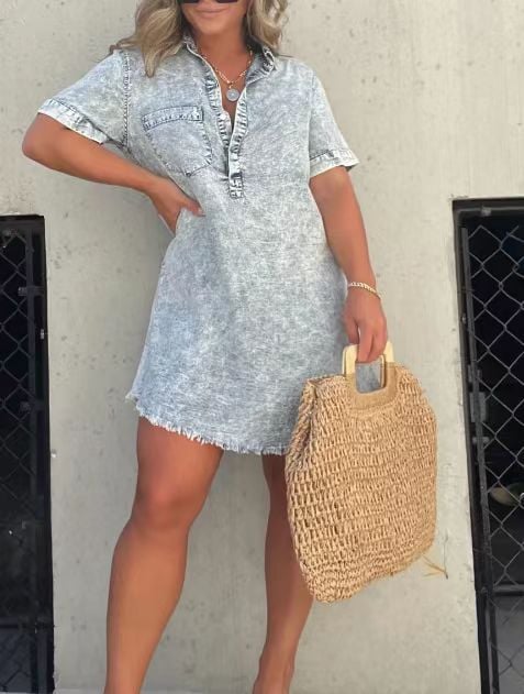 acelimosf™-Short Sleeve Casual Denim Shirt Dress