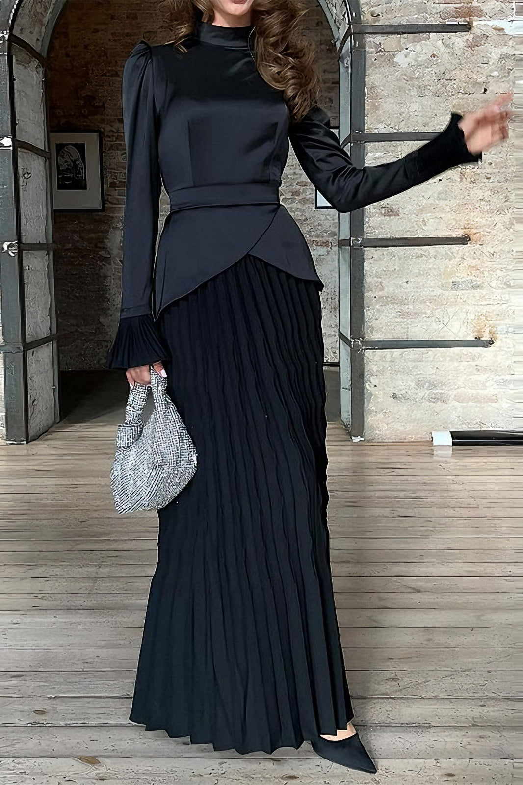 acelimosf™-Solid color fashionable stitching design round neck pleated long skirt