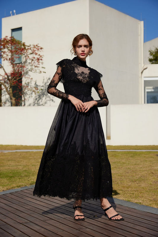 acelimosf™-Long-sleeved lace mid-neck patchwork evening gown