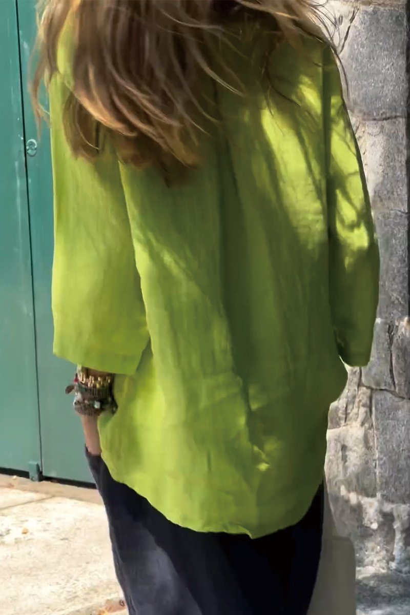 Women Solid Color Cotton And Linen Long Sleeve Shirt