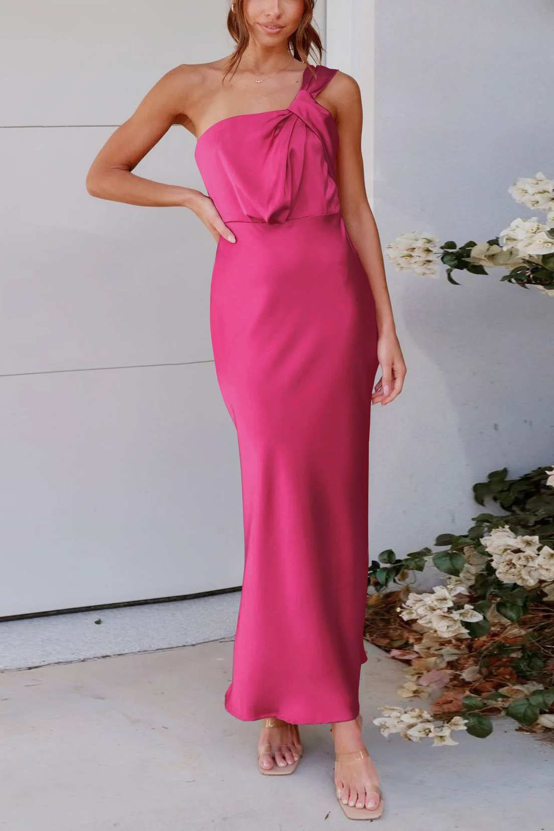 acelimosf™-Elegant one-shoulder satin bridesmaid dress with slim fit