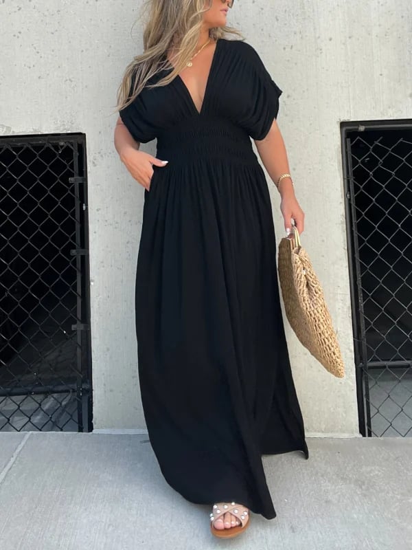 acelimosf™-  SLIT V-NECK EFFORTLESS MAXI LONG DRESS