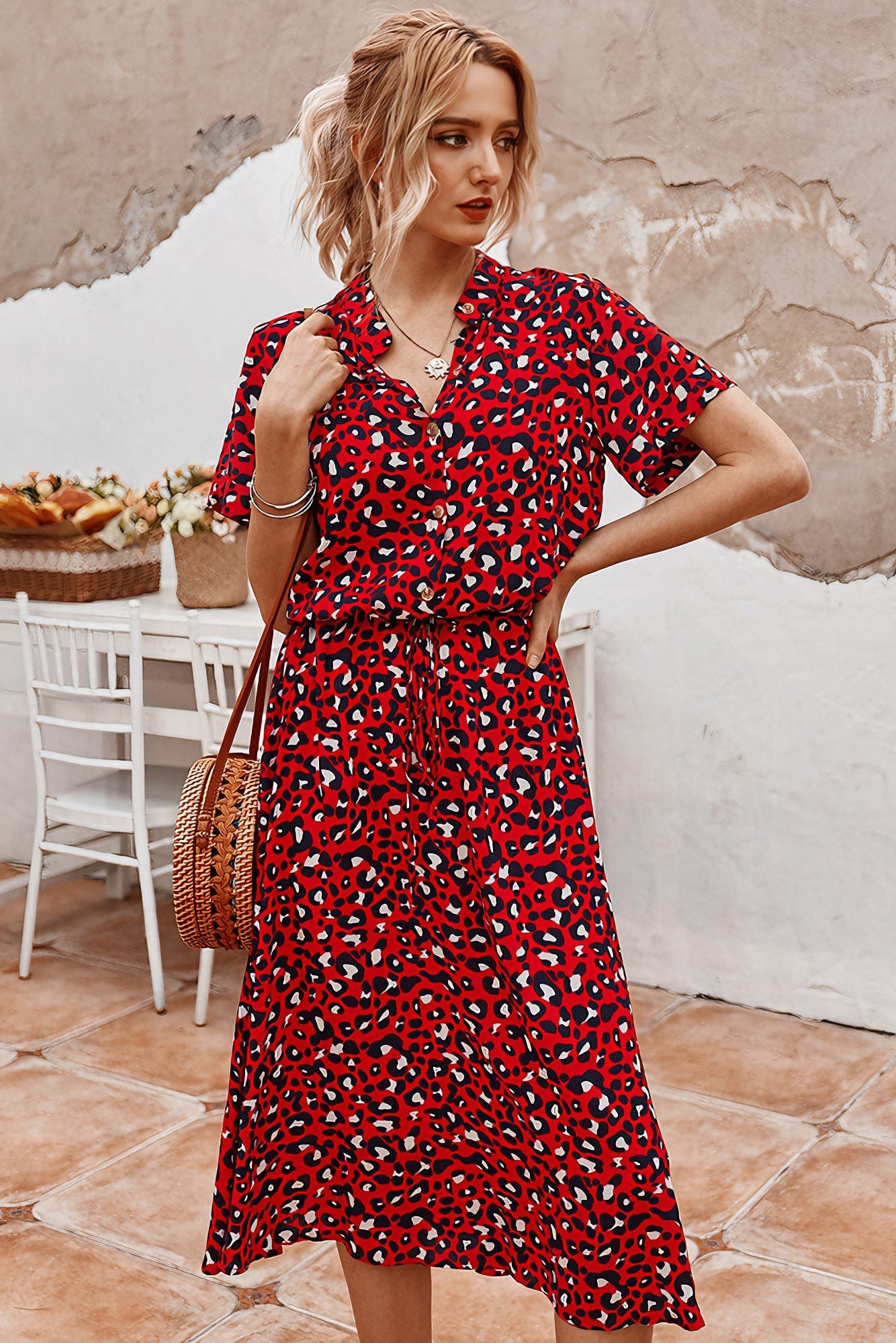 acelimosf™-Polka-dot print short-sleeved midi dress