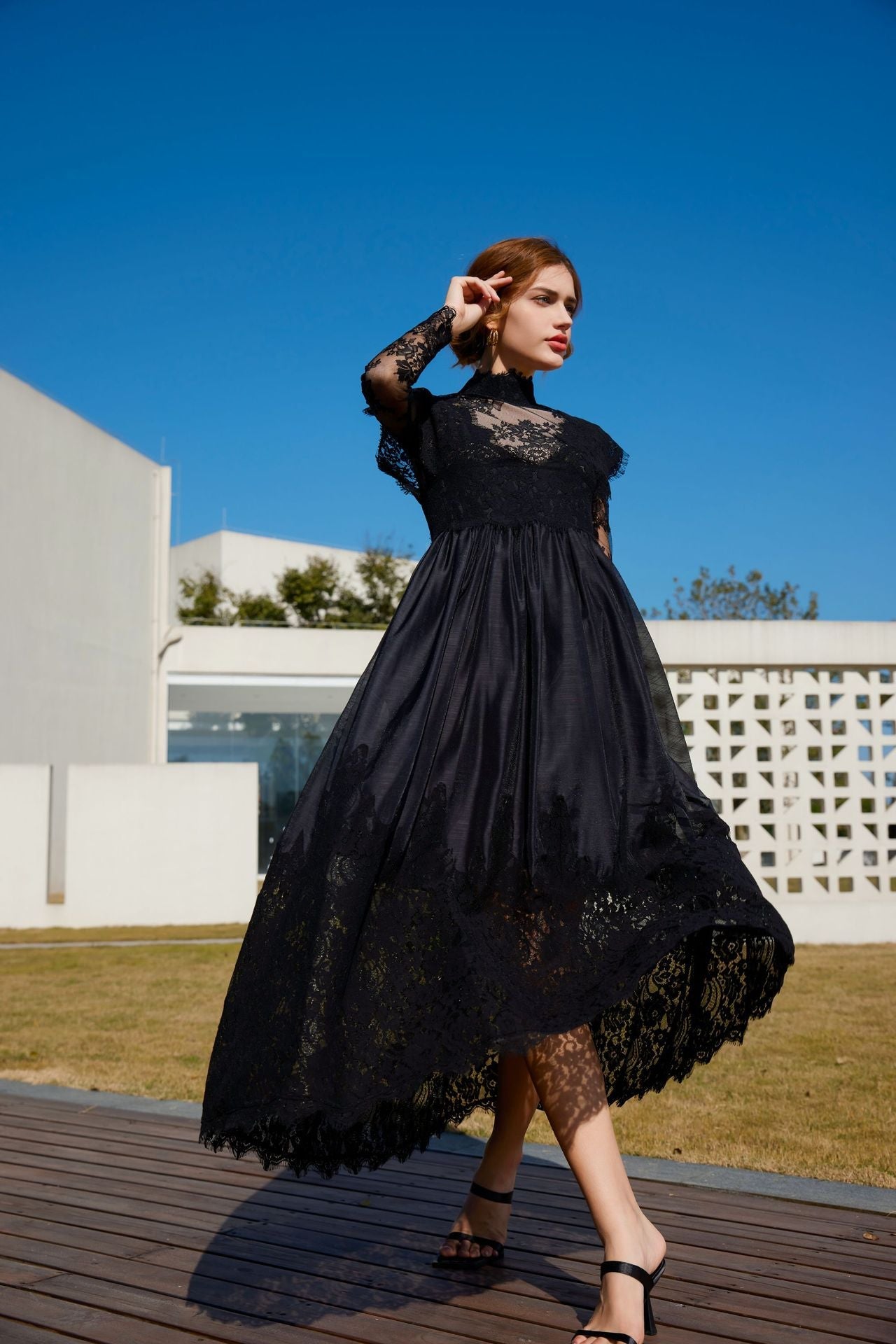 acelimosf™-Long-sleeved lace mid-neck patchwork evening gown