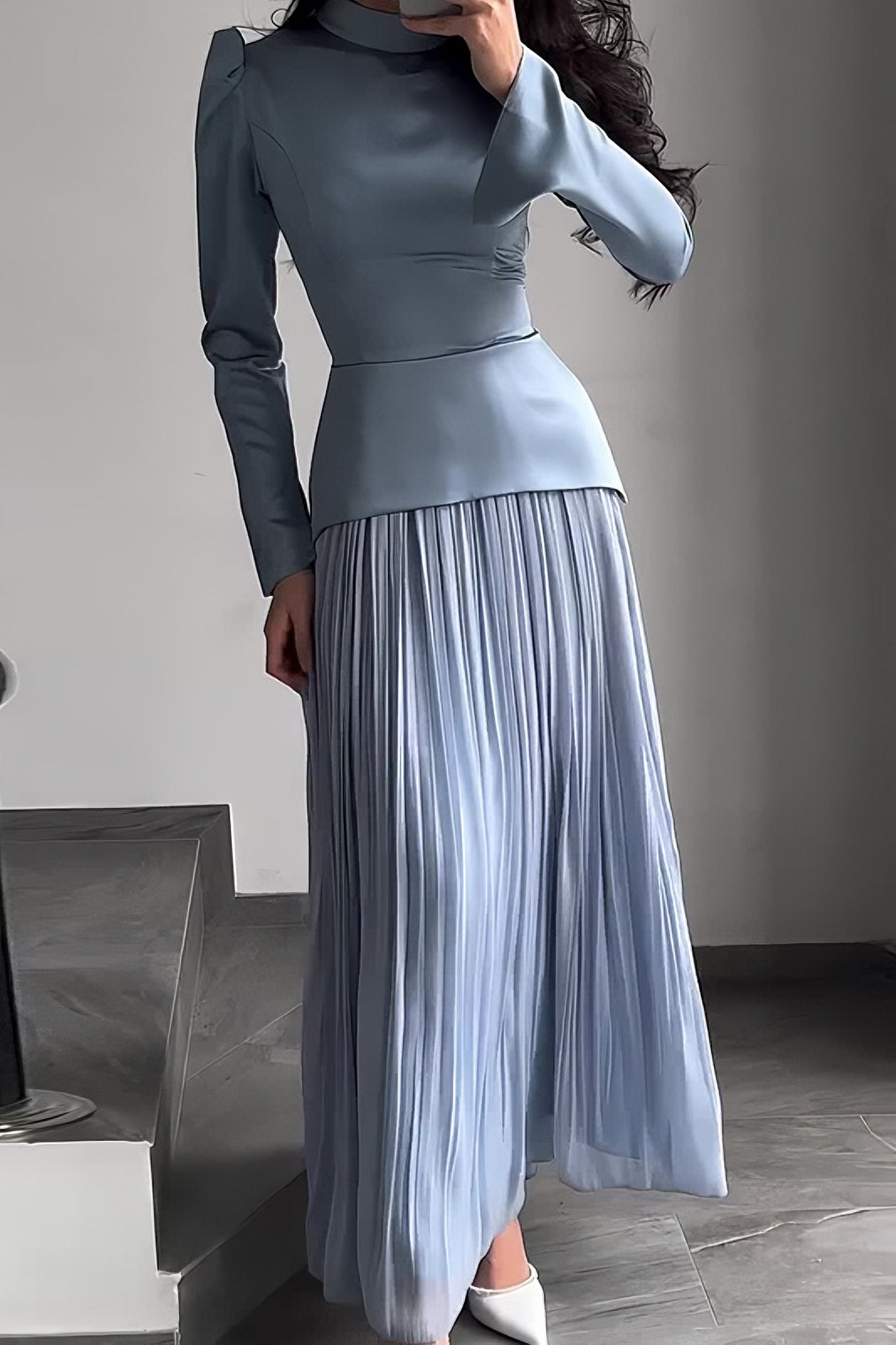 acelimosf™-Solid color fashionable stitching design round neck pleated long skirt