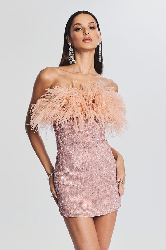 acelimosf™-Sexy backless ostrich feather fringed tube top evening dress