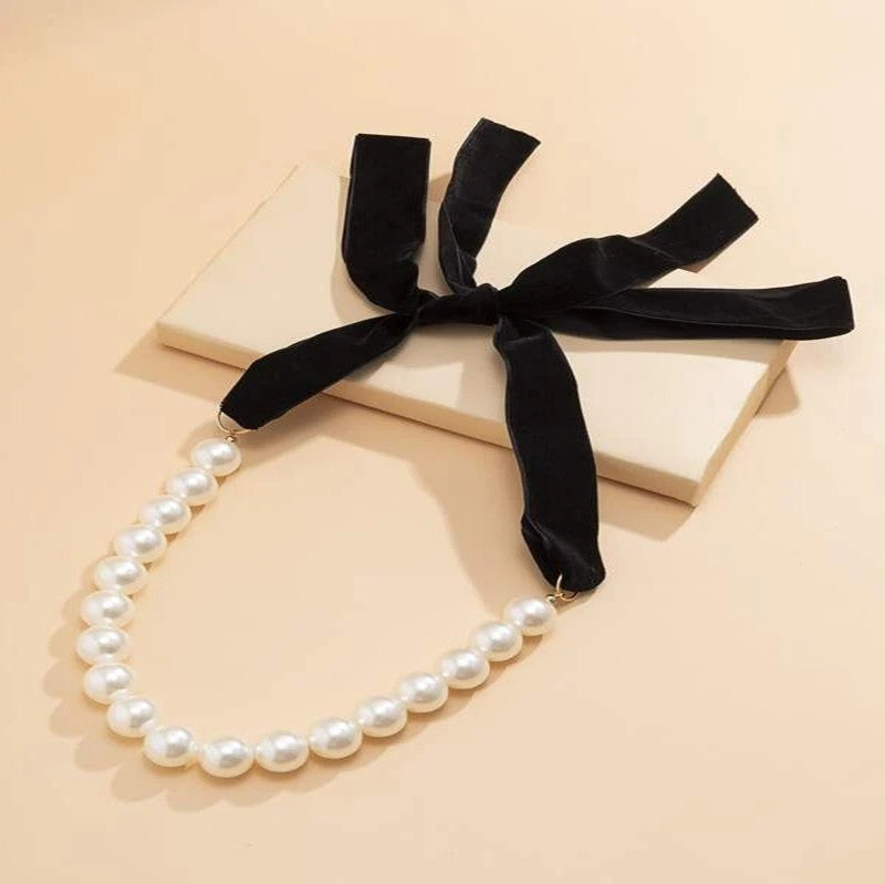 Pearl Butterfly Bow Ribbon Necklace