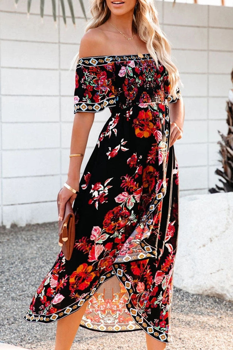 acelimosf™-Fashion Street Print Patchwork Off the Shoulder Irregular Dresses