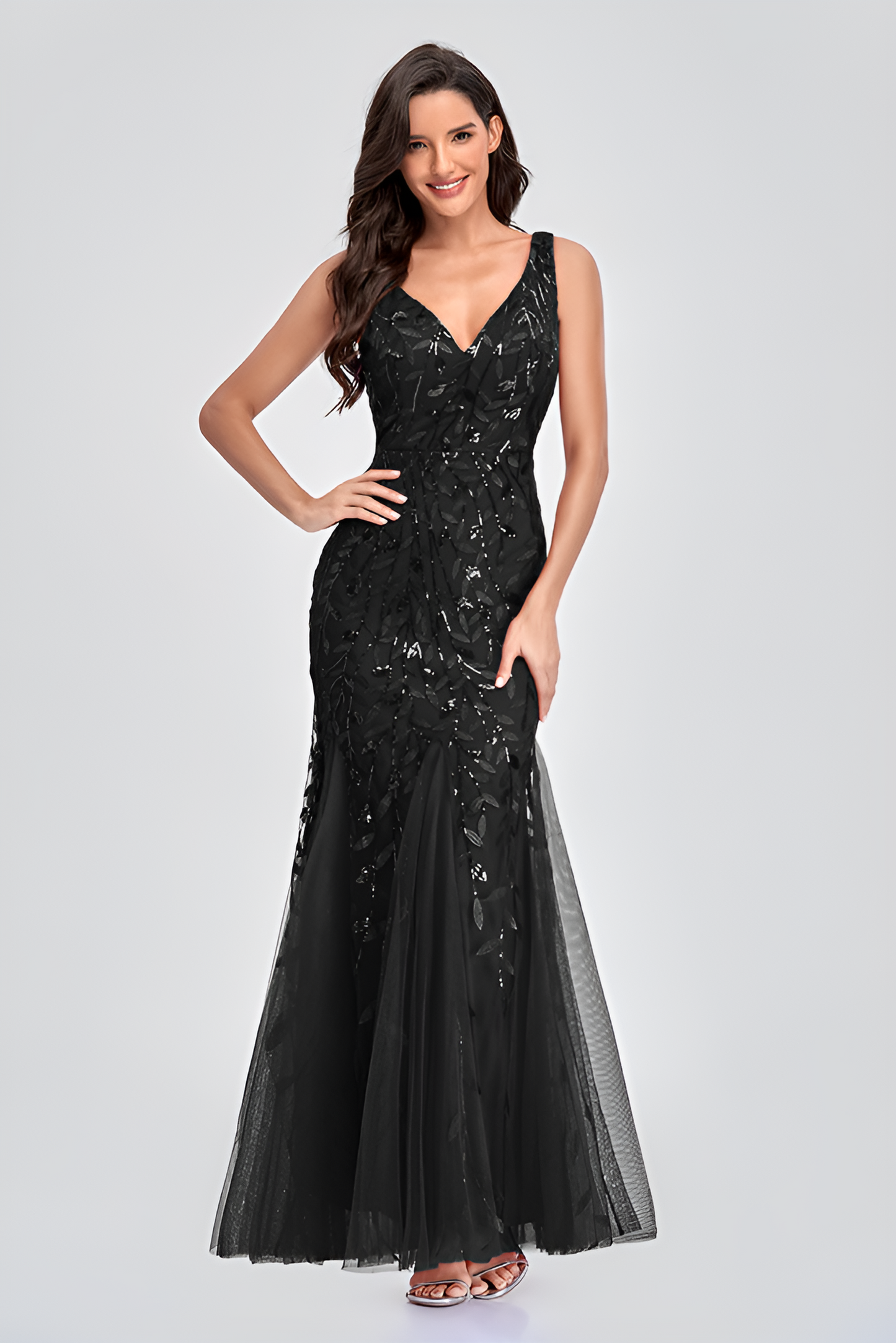 acelimosf™-Evening dress v-neck tulle embroidered sequin sexy mermaid ball gown