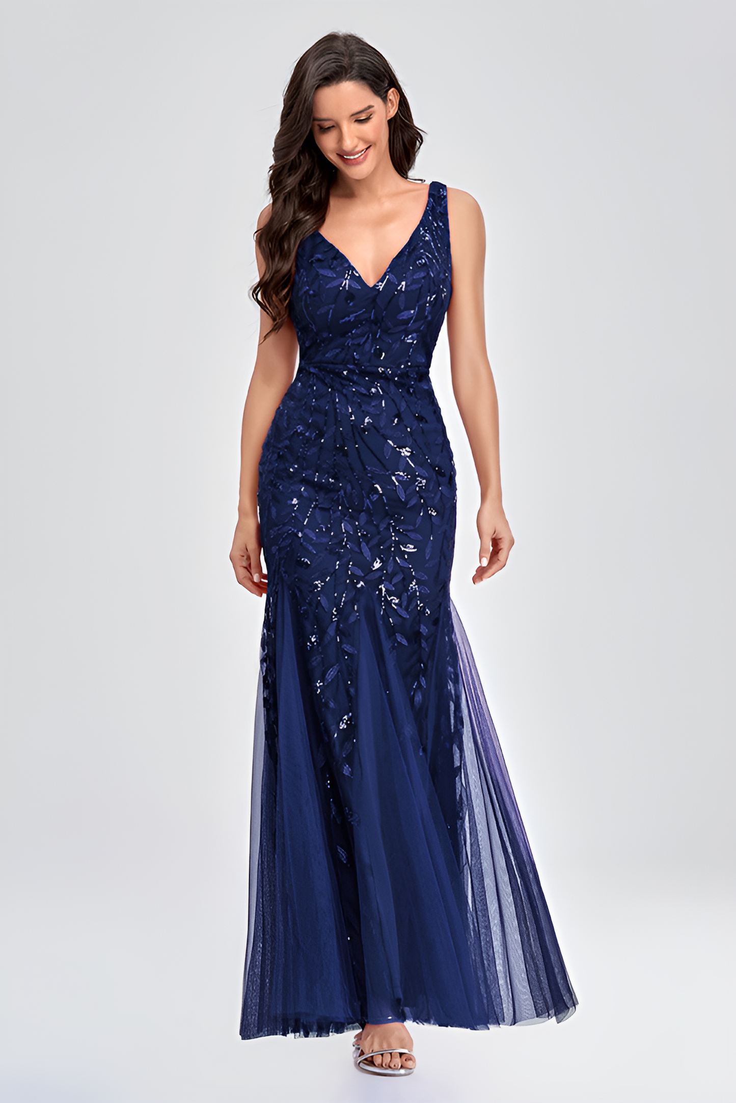 acelimosf™-Evening dress v-neck tulle embroidered sequin sexy mermaid ball gown