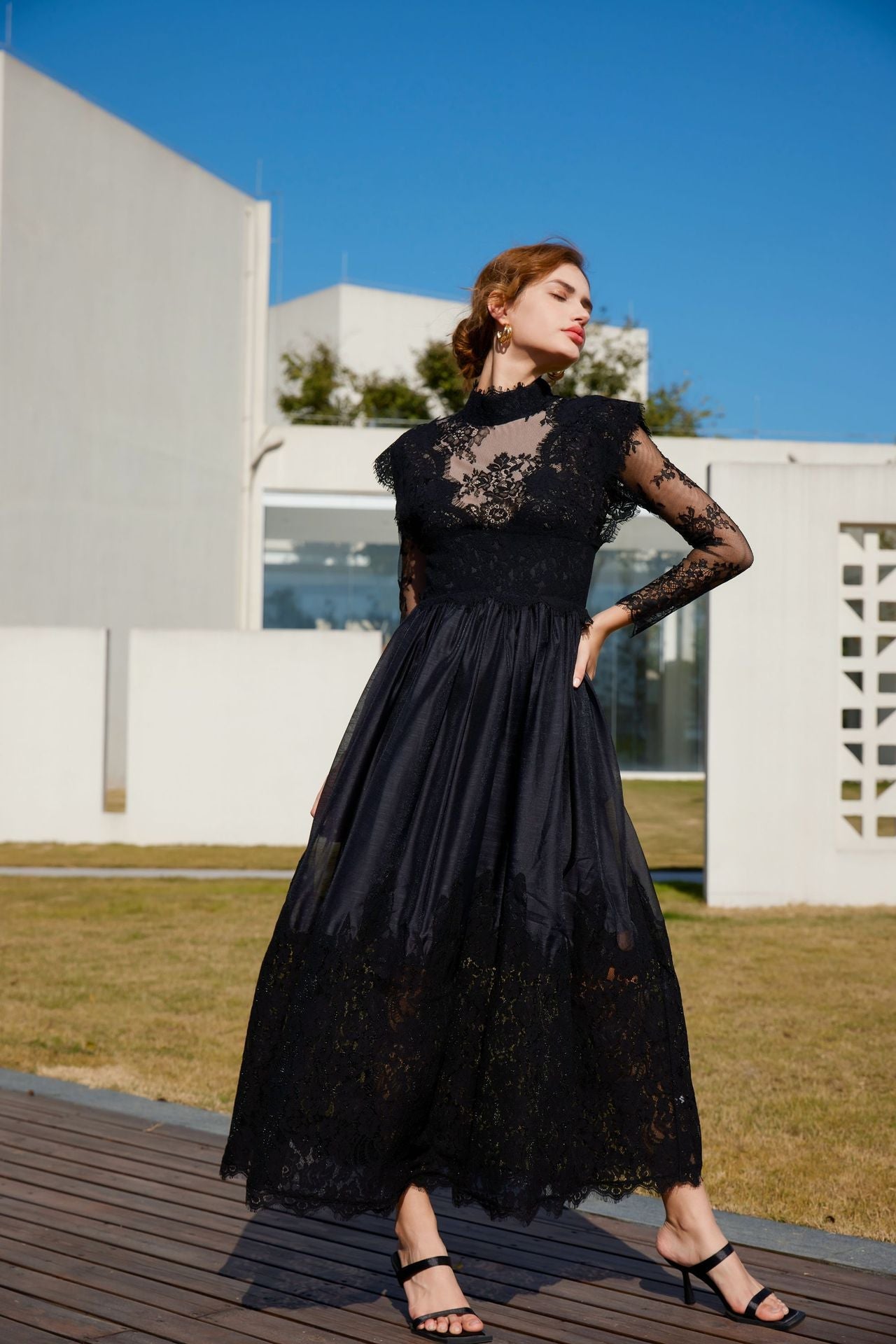 acelimosf™-Long-sleeved lace mid-neck patchwork evening gown