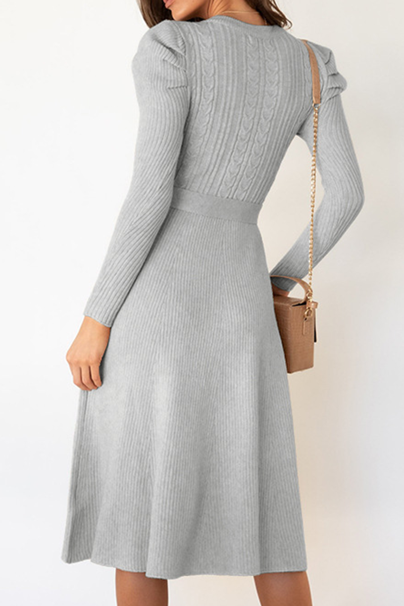 acelimosf™-Elegant Solid With Belt O Neck Sweater Dresses