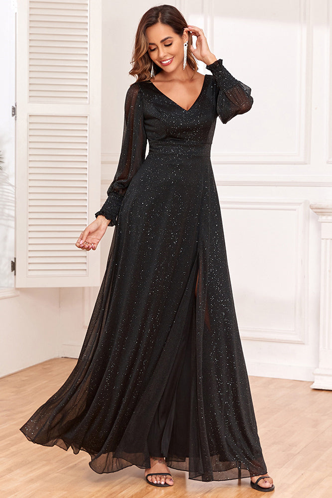 acelimosf™-V-neck high slit big A-line sparkling evening dress