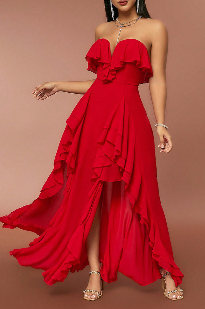 acelimosf™-V-neck ruffled backless dress