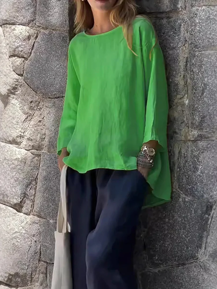 Women Solid Color Cotton And Linen Long Sleeve Shirt