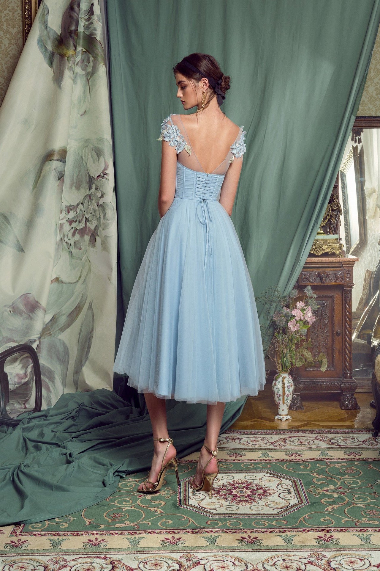 acelimosf™-Light blue one-shoulder dress slim backless midi dress