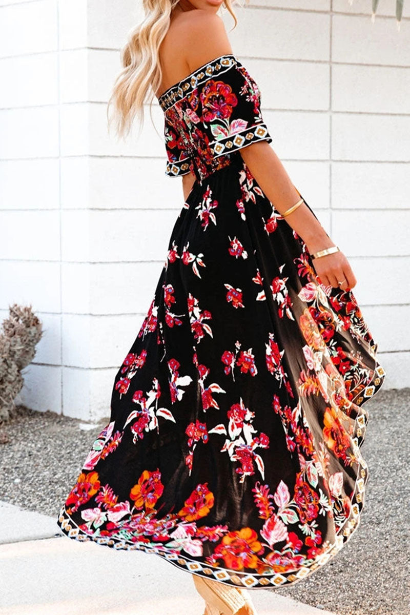 acelimosf™-Fashion Street Print Patchwork Off the Shoulder Irregular Dresses