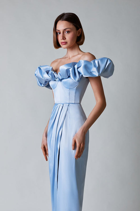 acelimosf™-One-shoulder strapless ruffled dress with high slit